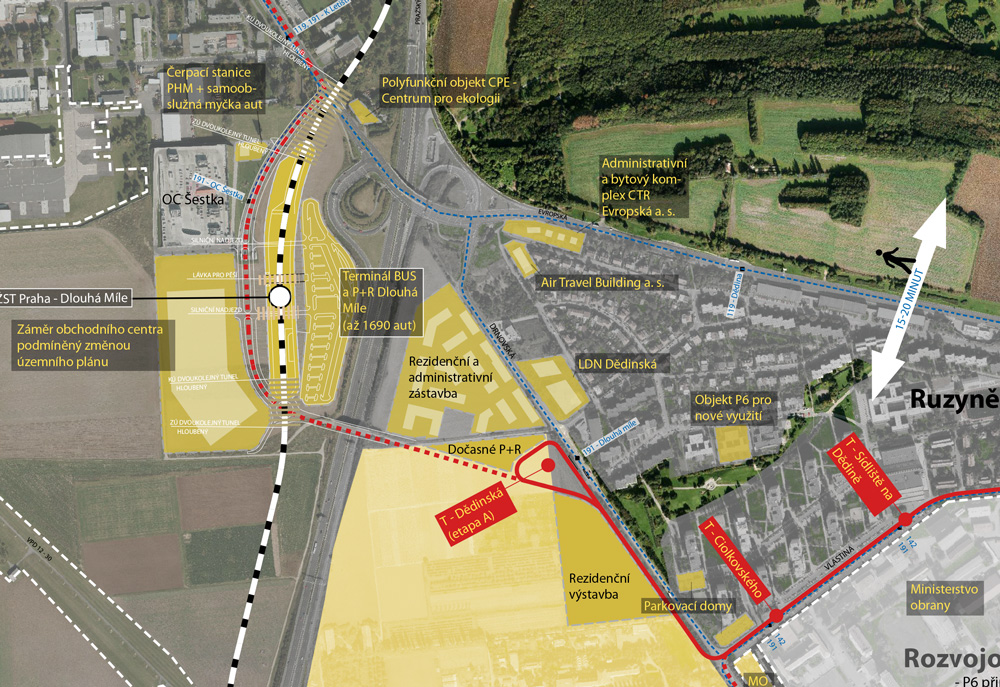 Detaily celkové mapy zahrnující plánované projekty v okolí Dědiny. Zdroj: Šestka/Praha 6