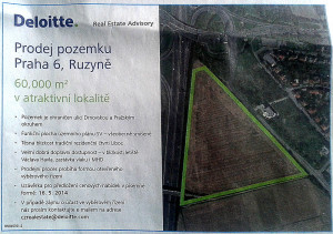 Popisek: Inzerát nabízejí pozemek zahrnující i tu část, kde má stát nové obchodní centrum - Hospodářské noviny, 16. 4. 2014